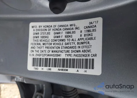 2017 Honda Civic Lx из США, поврежденный, VIN 2HGFC2F54HH535941